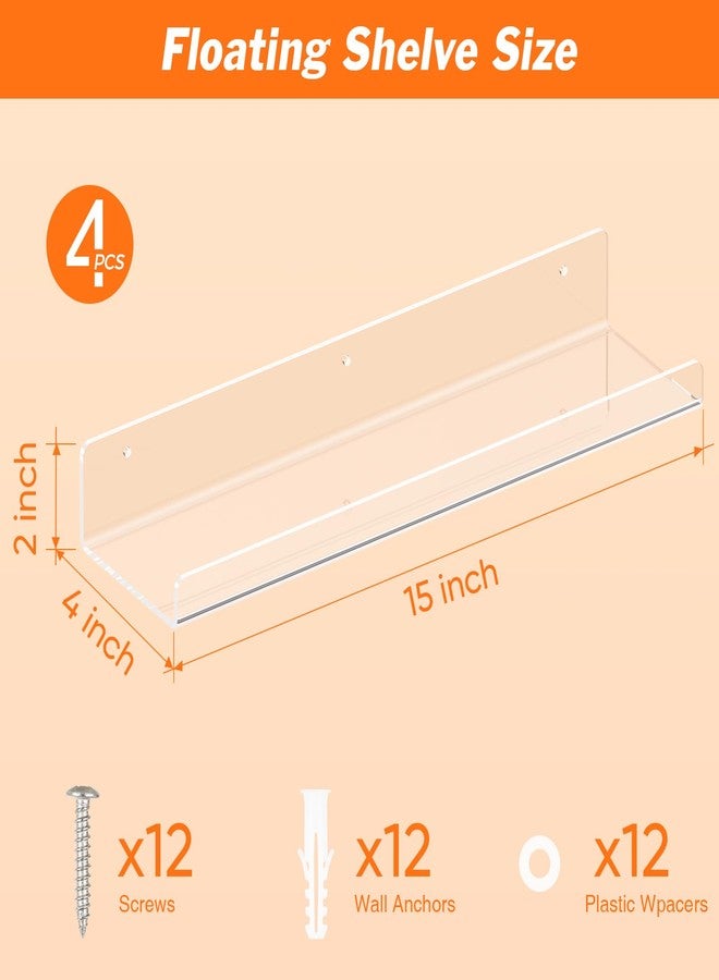 Dooiclear 4 Pack Floating Shelves for Wall, 15" Clear Book Shelf, Acrylic Floating Wall Shelf, Display Shelves Organizer for Bathroom, Classroom, Bedroom, Living Room, Kitchen, Room Decor - Image 2